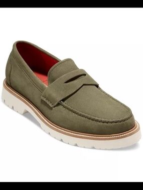 Cole Haan Olive Suede Penny Loafers with White Lug Sole and Red Lining